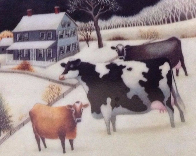 Farm Decor Wall Plate, Cows in The Winter, Folk Art Decor, Cow Plate, American Artist Lowell Herrero, Gift For Dairy Farmer, Dairy Farm Gift