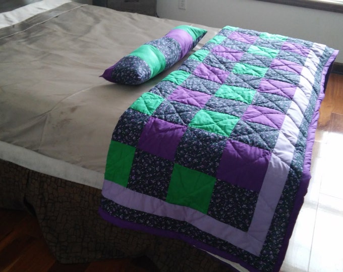 A Purple and Green Queen Bed Runner and one Matching Pillow, Wedding Gift