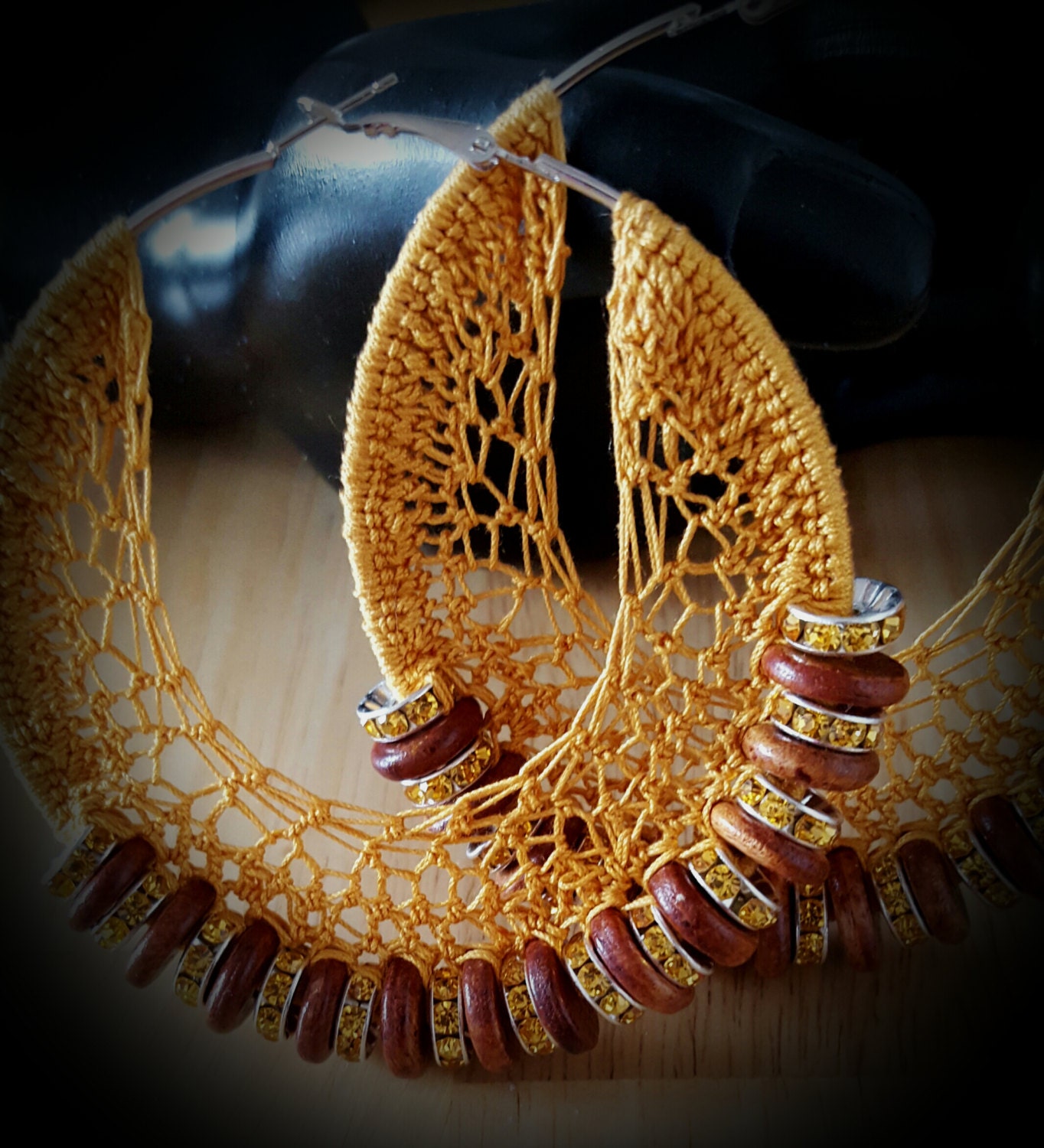 Crochet Beaded Hoop Earrings w/ Crystal and Wooden