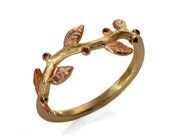 leaf wedding ring, 14k Gold ruby wedding ring, two tones gold ring, Natural red rubies ring, rose and yellow gold, delicate leafs gold ring