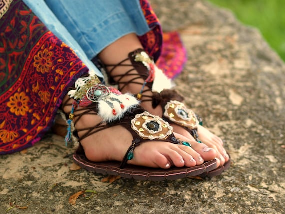 BOHO Tribal fairy shoes beaded Indian island festival flat layered sandals shoes flip flops tall bohemian leather suede gladiator sandals