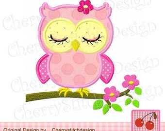 Cute sleeping girly owl on a branch,Cute girly owl-eyes closed-digital applique AN021 -4x4 5x5 6x6 inch-Machine Embroidery Applique Design