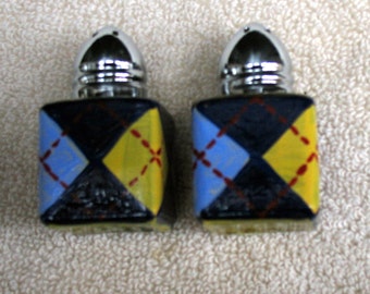 Blue and Yellow Argyle Miniature Salt and Pepper Shakers - Set of 2