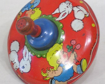 Vintage Tin Top Boy and Girl Chasing White Bunny Rabbits Made in USA 1950s