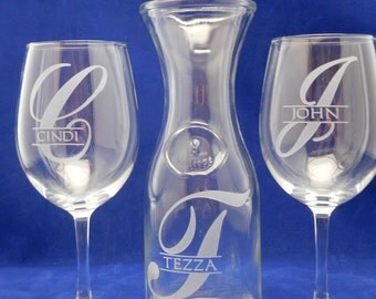 Wine Carafe & 2 Personalized Wine Glasses Etched - Unity/Wedding Gifts, Engagement, Bar, Birthday, Mothers Day, Monogramed Bar Set, Engraved