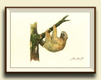 PRINT-Sloth animal - three toed sloth painting watercolor - Sloth art nursery forest animal decor - Art Print by Juan Bosco