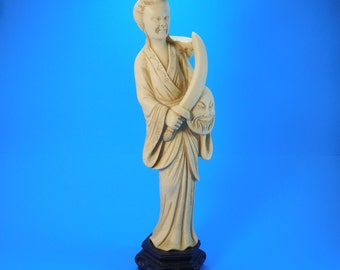 Vintage Asian Chinese Japanese Man Sword Shield Sculpture Figurine Faux Ivory Bone Carved Resin or Celluloid M-576 Made In Italy 13 Inches