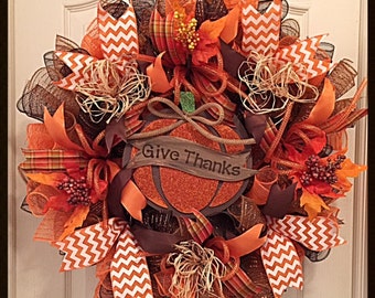 Fall Give Thanks Deco Mesh Wreath/Thanksgiving Wreath/Autumn Give Thanks Wreath/Orange and Brown Fall Wreath/Give Thanks Wreath