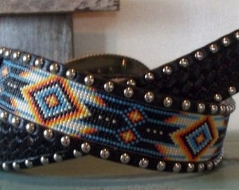 Leather beaded belt,with beaded insert and spots