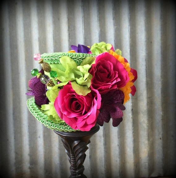 Micro Mini Top Hat Lime Green Flower hat Alice in by ChikiBird