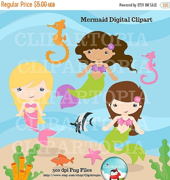 50% OFF SALE Cute Mermaid Digital clipart / Little Mermaid Digital Set for Personal and Commercial Use Il_570xn