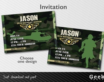 Printable - Military Style Party Invitation - Army - Soldier - Helicopter - Camouflage
