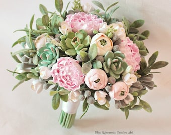 Wedding bouquet Keepsake succulent bouquet Bohobouquet Bridal bouquet with succulents and peonies Green ecowedding Clay flowers