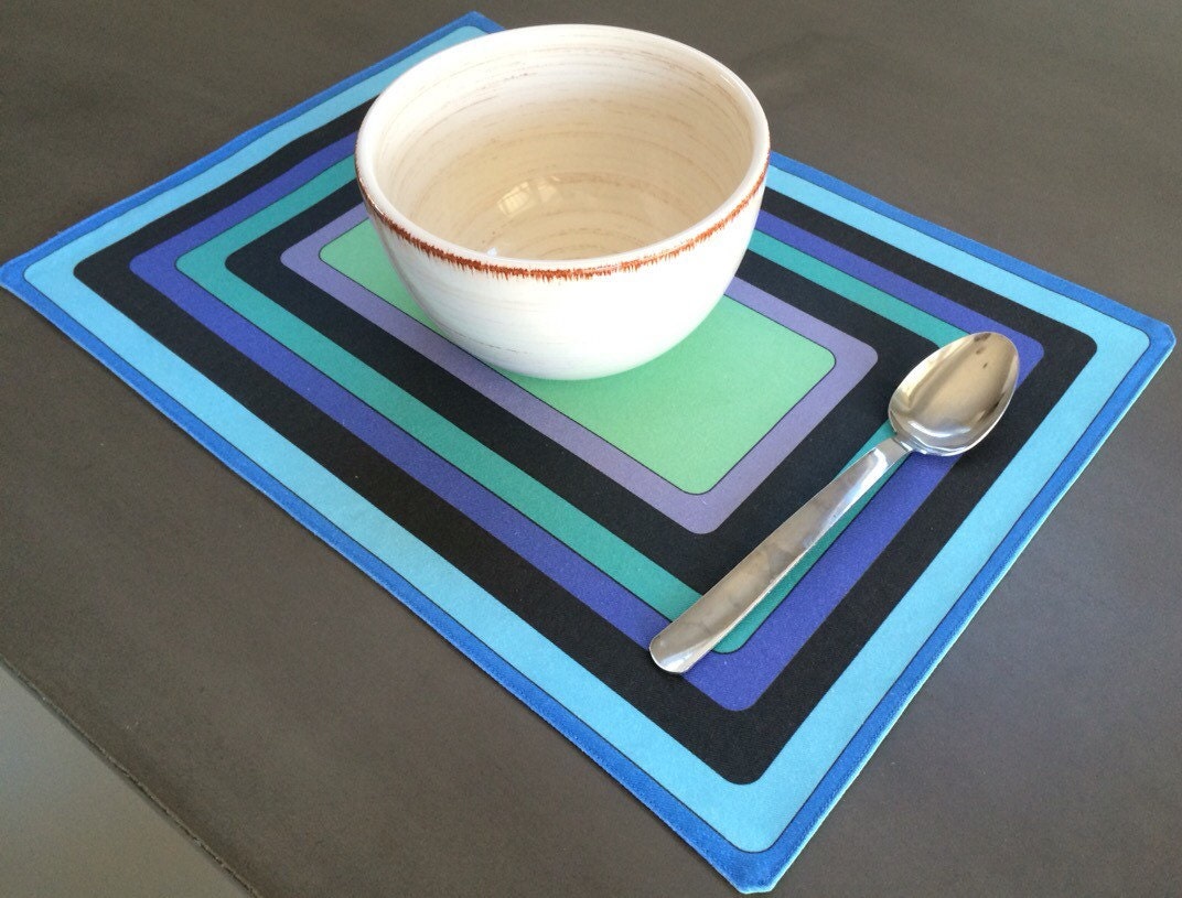 Fabric placemats striped placemat. Blue green black and