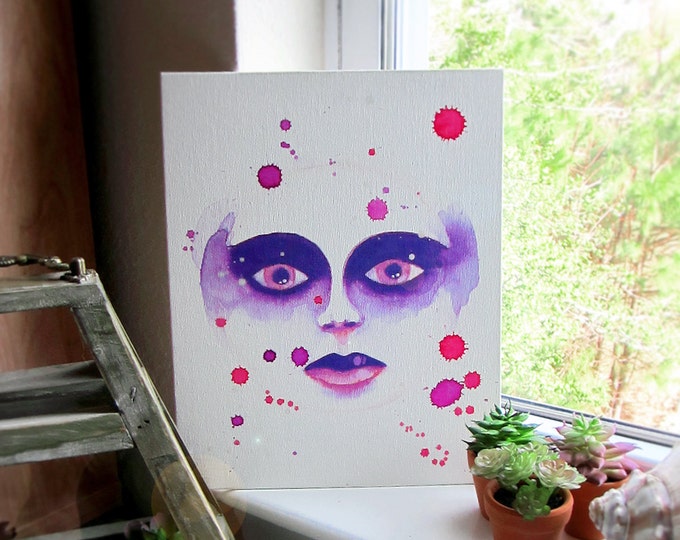 Art Sale! Original mixed media wall art painting "Purple Moon". Size 8" x 10". Unframed. Free shipping for the USA.