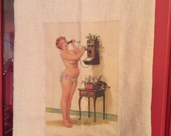 Telephone Hilda pinup floursack tea towel