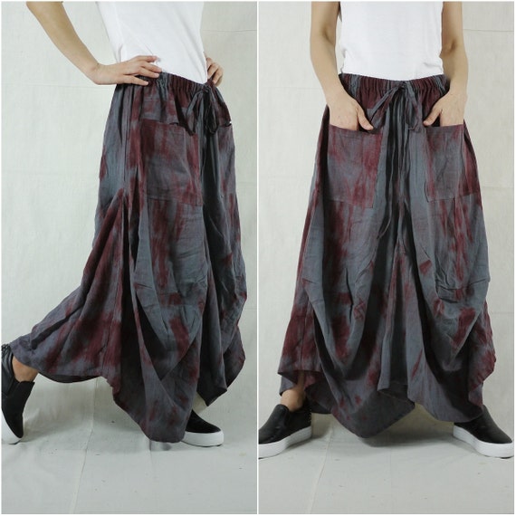 Boho Funky Hippie Steampunk Tie Dye Charcoal Grey & Burgundy Asymmetric Hem Cotton Skirt With 2 Patched Pockets -SK007 by BeyondCloset steampunk buy now online