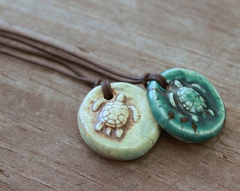 Turtle Essential Oil Diffuser Necklace, Round Raised Design Ocean Themed Ceramic Pendant, Beach Lover Gift Nature Clay Jewelry