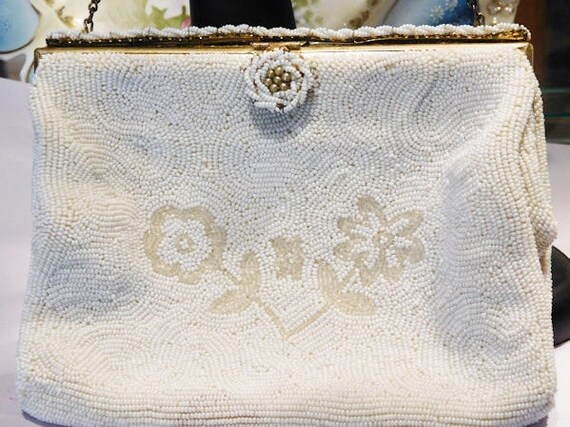 1940s French Bead Purse Art Deco Floral Design Glass Micro Seed Bead Hand Beaded Evening Bag Antique Vintage Wedding Handbag Made In France