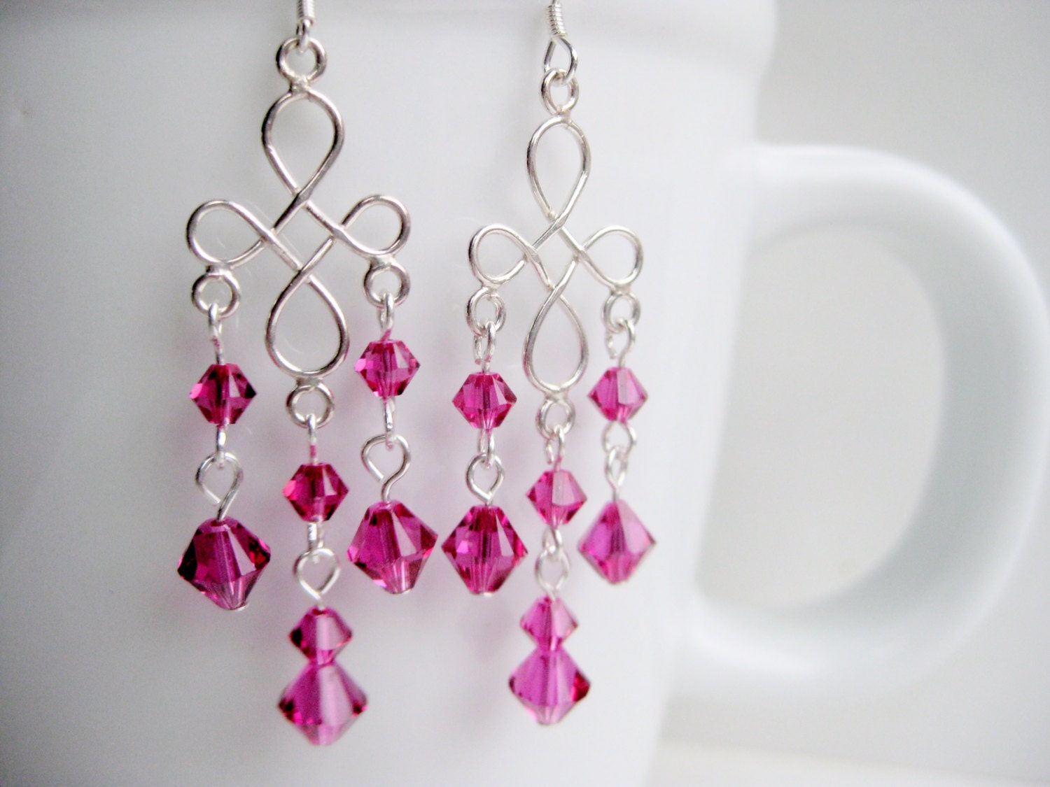 Hot Pink Chandelier Earrings Long Crystal Earrings Sterling