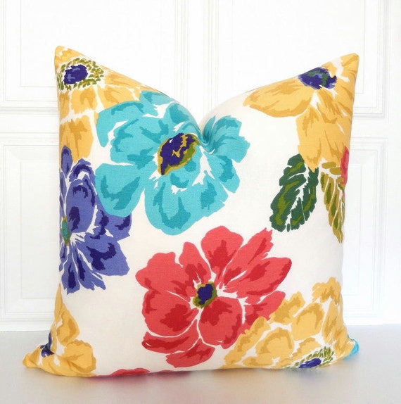 Floral Pillow Cover Turquoise Red Purple Yellow Throw