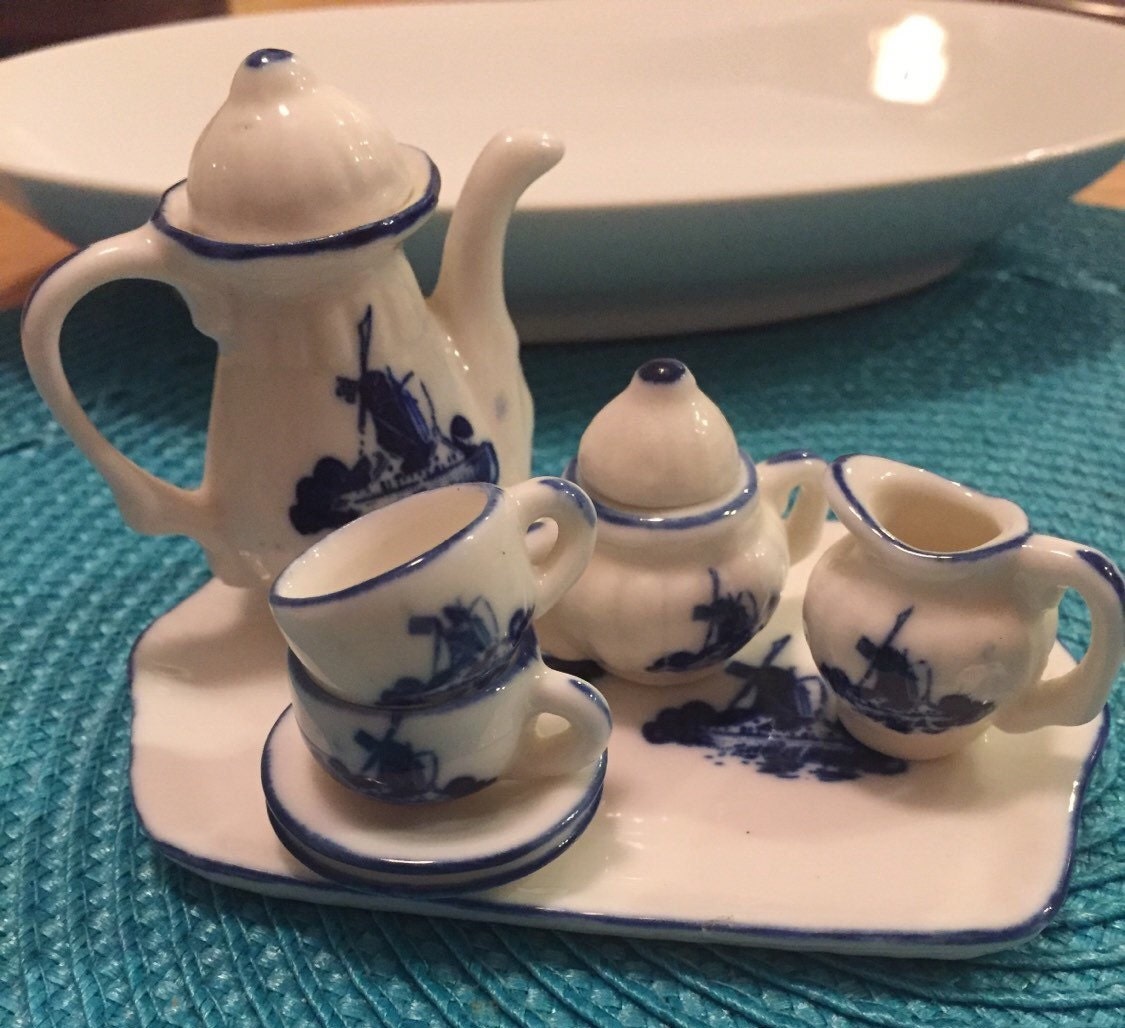 Delft Miniature Tea Set Vintage Blue and White Porcelain China