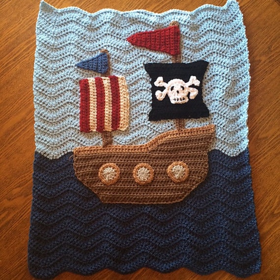 Perfect Baby Boy Blanket Throw Pirate Ship Ripple Granny