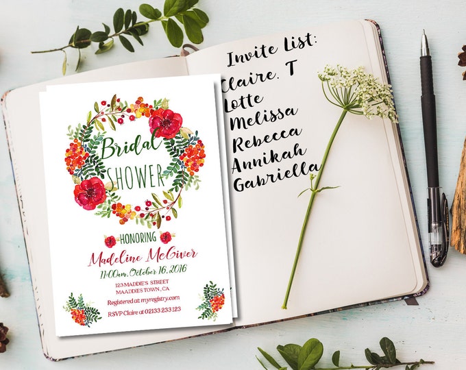 Autumn Bridal Shower Invitation // Floral Bridal Shower // Boho Shower // Printable Bridal Shower invitation // Floral Autumn Colors
