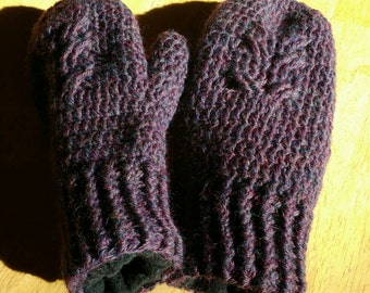 Owl mittens - crocheted wool with fleece lining