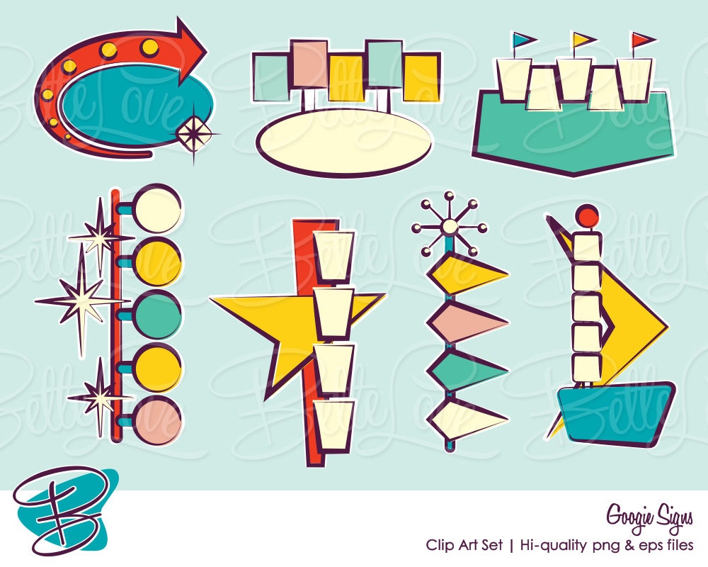 Googie Signs Clip Art Set Hi-quality png & by BetteLoveStudio