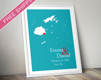 Custom Wedding Gift : Personalized Wedding Location and Country Map Print - Fiji - Engagement Gift, Wedding Guest Book