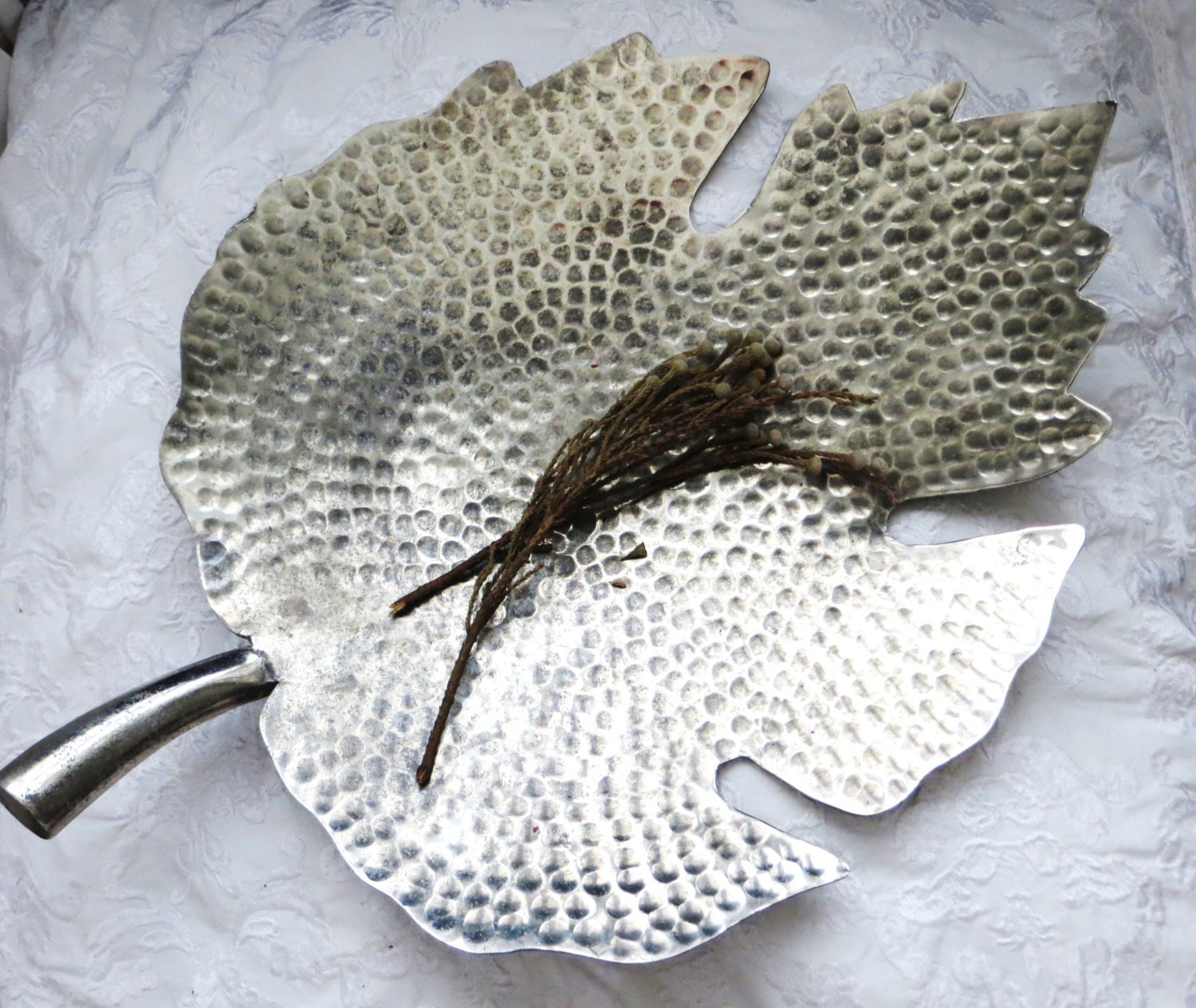 large leaf shaped tray with handle vintage hammered aluminum maple leaf