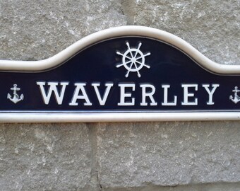 Nauticle ,ships,Vintage Style House Name Sign,Cottage Sign ,Wall Plaque in Cold Cast in ivory white and Oxford Blue.