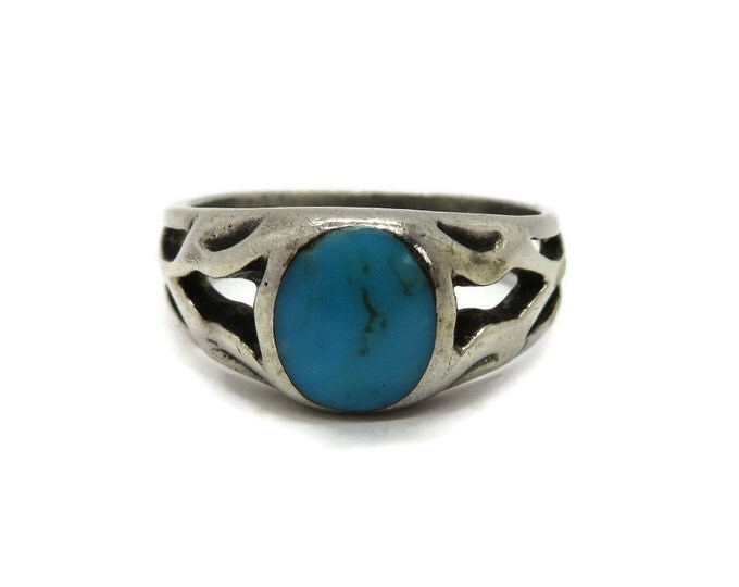 Sterling Silver Turquoise Ring - Vintage Sterling Cutout Band Ring, Size 6, Fun Gift, Gift Box