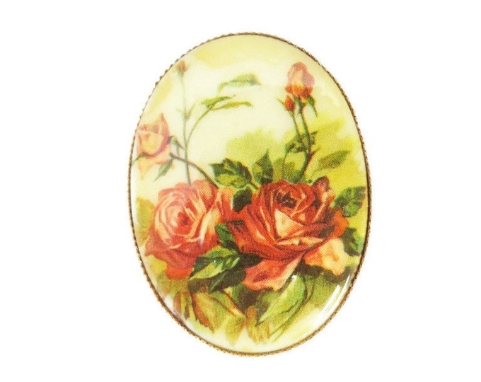 Rose Brooch, Porcelain Pin, Vintage Roses Brooch, 1950s Oval Floral Transferware Pin, Antique Style Muted Roses Pin Rose Brooch, Porcelain Pin, Vintage Roses Brooch, 1950s Oval Floral Transferware Pin, Antique Style Muted Roses Pin