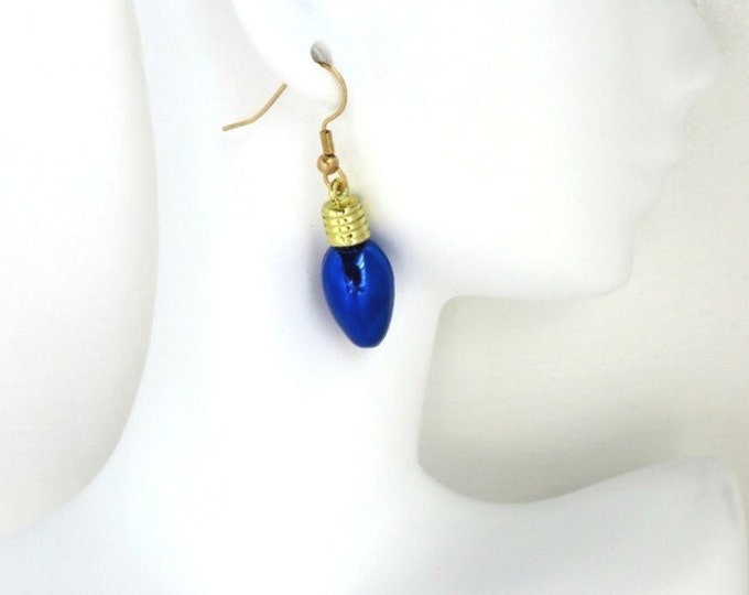Vintage Earrings - Blue Ornament Earrings, Christmas Earrings, Gold Tone Pierced Wires
