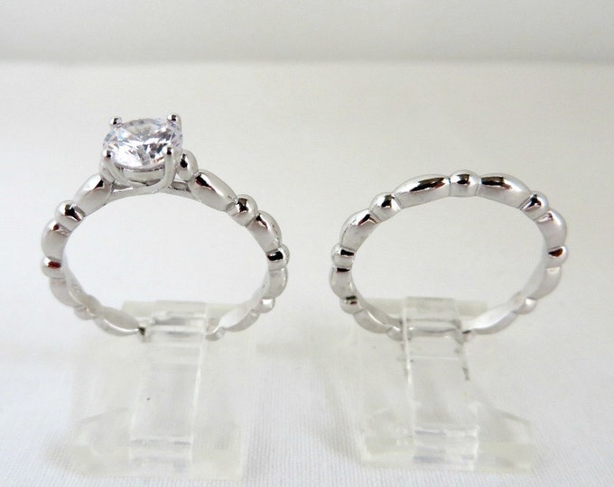 Topaz Wedding Ring Set, Vintage Topaz & Silver Bridal Set, Topaz Engagement Ring, Scalloped Bands, Size 8