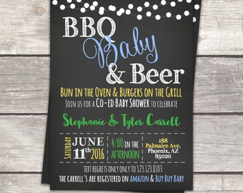 coed baby girl baby boy shower invitations, BBQ Babies and Beer, chalkboard, custom colors, digital files