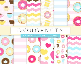 Doughnut Party digital paper. Cute digital paper pack of donuts backgrounds sweets, food, colorful patterns for commercial use clipart