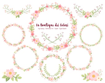 Pink Flower Wreath Clipart, Cute Scrapbook PNG, Laurel Wedding Invitation graphics, floral vector wreaths Clip art Commercial Use