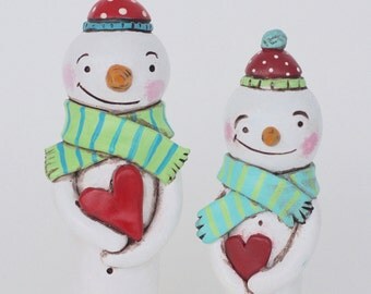 Winter Snowman DUO with Hearts Christmas Decoration Polymer Clay Folk Art