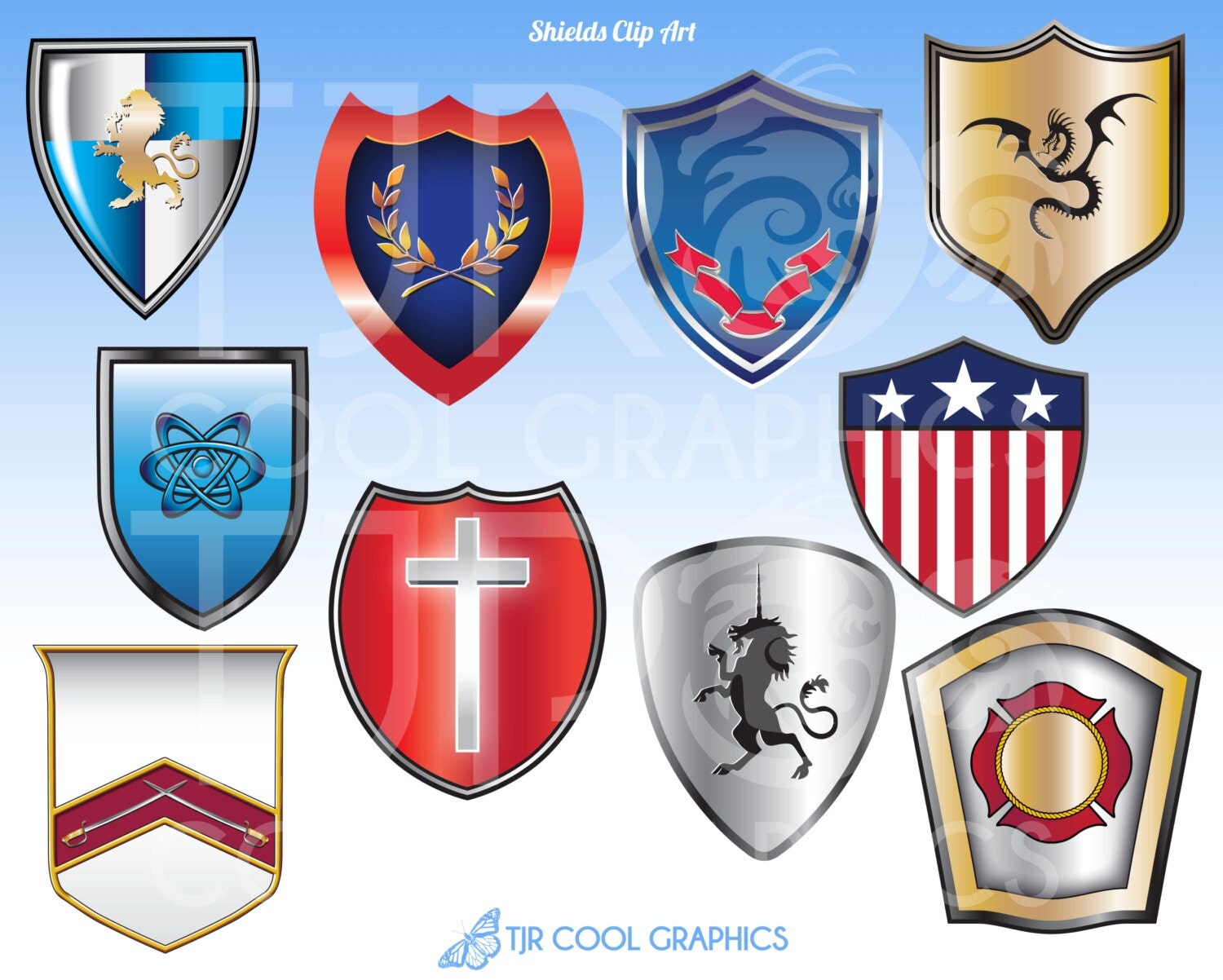 Medieval Shields Printable Digital Realistic Clip Art