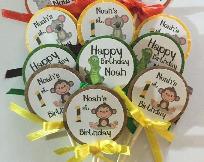 12 Safari First Birthday Cupcake Toppers. Jungle Theme Party Decoration. First Birthday Toppers