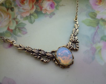 Opal Moonstone ~ Pendant ~ Vintage Style ~ White Moonstone ~ Boho Opal ~ Vintage Glass ~ Art Nouveau ~ Pinfire ~ by LadyofTheLakeJewels