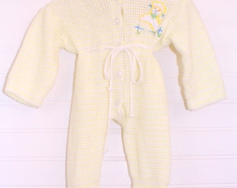 Vintage baby knit outfit, yellow and white knit with lamb detailing and tie at waist , Novelty Knit size about 0-3 months