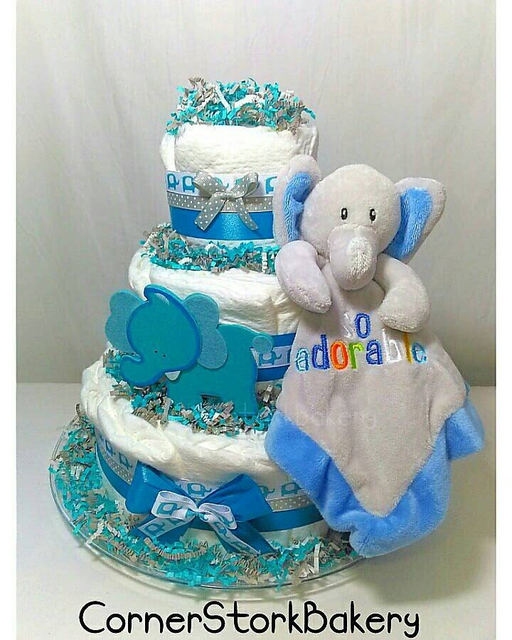 Elephant Diaper Cake With Mini Elephant By Cornerstorkbakery