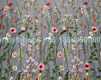 Fashion show spring mixed colors flowers on netting embroidered dress lace fabric by yard