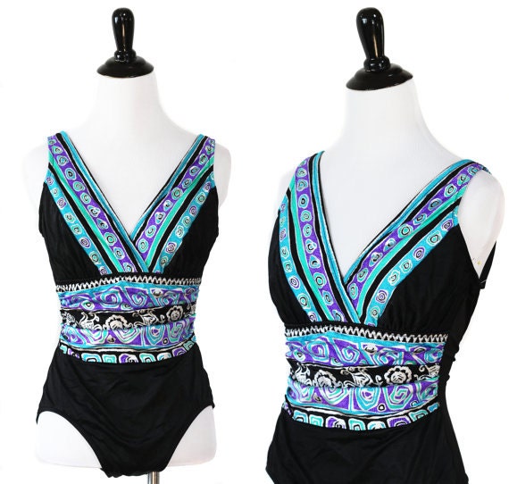Vintage 80s 90s Funky Abstract Print One Piece Swim Suit with