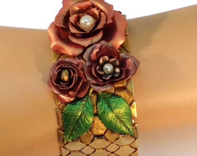 Hand Painted Vintage Style Mesh Banded Cuff Bracelet with Brass Flowers and Leaves Gold Mauve Pearls OOAK One of Kind