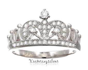 Sterling Silver Crown Ring ,CZ Ring,Tiara Ring,Princess Ring